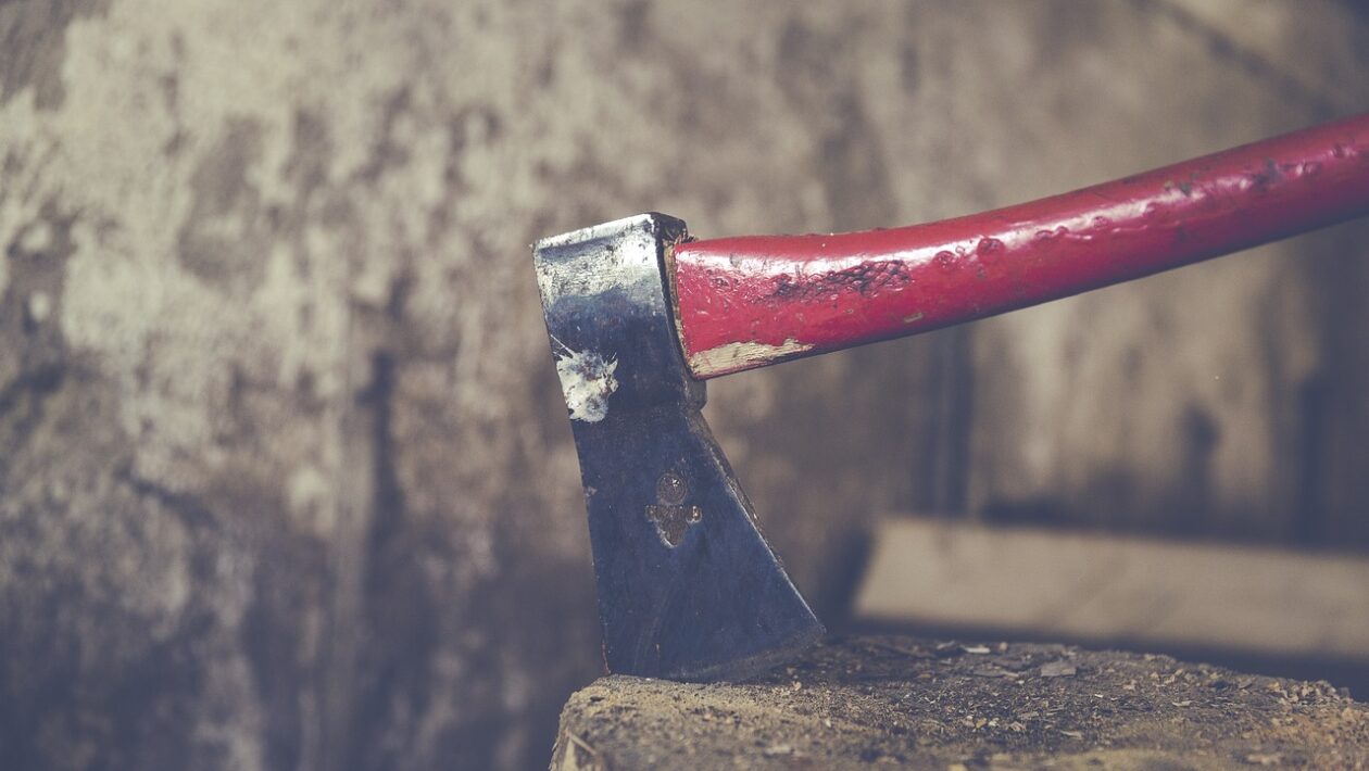 Beitragsbild: Penis abgeschnitten – Frau attackiert ihren Partner im Schlaf. Das Foto zeigt eine Axt mit rotem Stil, die einem Holzblock steckt. Dahinter ist eine alte, abgenutzte Mauer zu sehen.