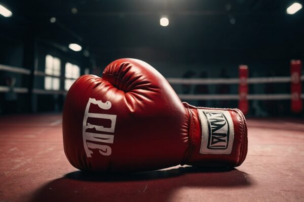 Beitragbild Jake Paul gegen Mike Tyson. Das Foto zeigt einen einzelnen roten Boxhandschuh, der mitten in einem Boxring liegt.