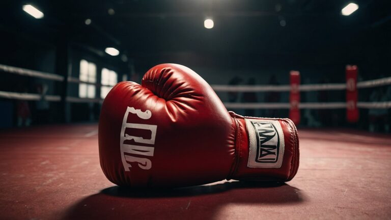 Beitragbild Jake Paul gegen Mike Tyson. Das Foto zeigt einen einzelnen roten Boxhandschuh, der mitten in einem Boxring liegt.