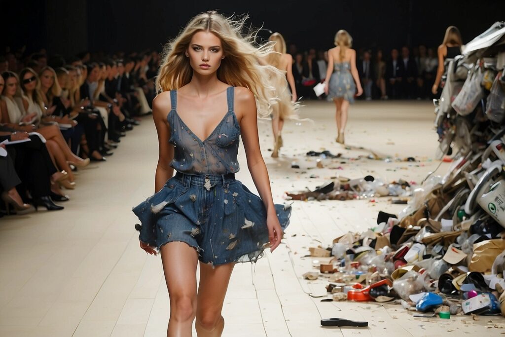 Das KI-generierte Foto zeigt Models auf dem Laufsteg. In der Bildmitte geht ein Model auf die Kamera zu in einem blauen kurzen Kleid. Rechts neben ihr sieht man einen Müllhaufen liegen. In Hintergrund applaudiert das Publikum