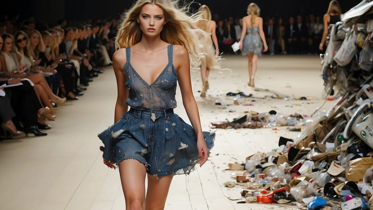 Das KI-generierte Foto zeigt Models auf dem Laufsteg. In der Bildmitte geht ein Model auf die Kamera zu in einem blauen kurzen Kleid. Rechts neben ihr sieht man einen Müllhaufen liegen. In Hintergrund applaudiert das Publikum