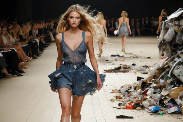 Das KI-generierte Foto zeigt Models auf dem Laufsteg. In der Bildmitte geht ein Model auf die Kamera zu in einem blauen kurzen Kleid. Rechts neben ihr sieht man einen Müllhaufen liegen. In Hintergrund applaudiert das Publikum