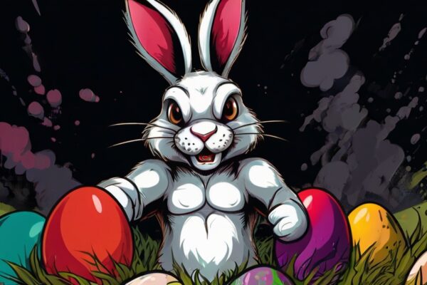 Auf dem Bild steht im Comic-Stil der Osterhase vor einem schwarzen Hintergrund. Der Hase guckt dabei den Betrachter aggressiv an, steht auf einer Wiese und ist von gefärbten Ostereiern in verschiedenen Farben umgeben.