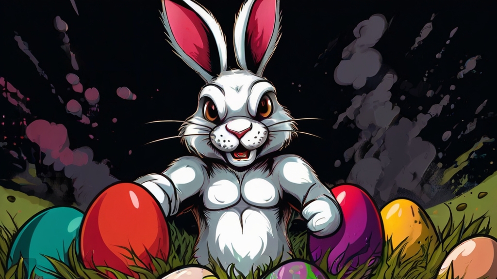 Auf dem Bild steht im Comic-Stil der Osterhase vor einem schwarzen Hintergrund. Der Hase guckt dabei den Betrachter aggressiv an, steht auf einer Wiese und ist von gefärbten Ostereiern in verschiedenen Farben umgeben.