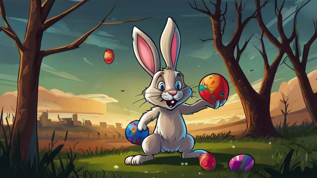 Auf dem Foto sieht man einen Osterhasen im Comic-Stil, der in jeder Pfote jeweils ein Ei hält. Eines streckt er dem Betrachtenden entgegen, das andere hält er flach neben dem Körper.