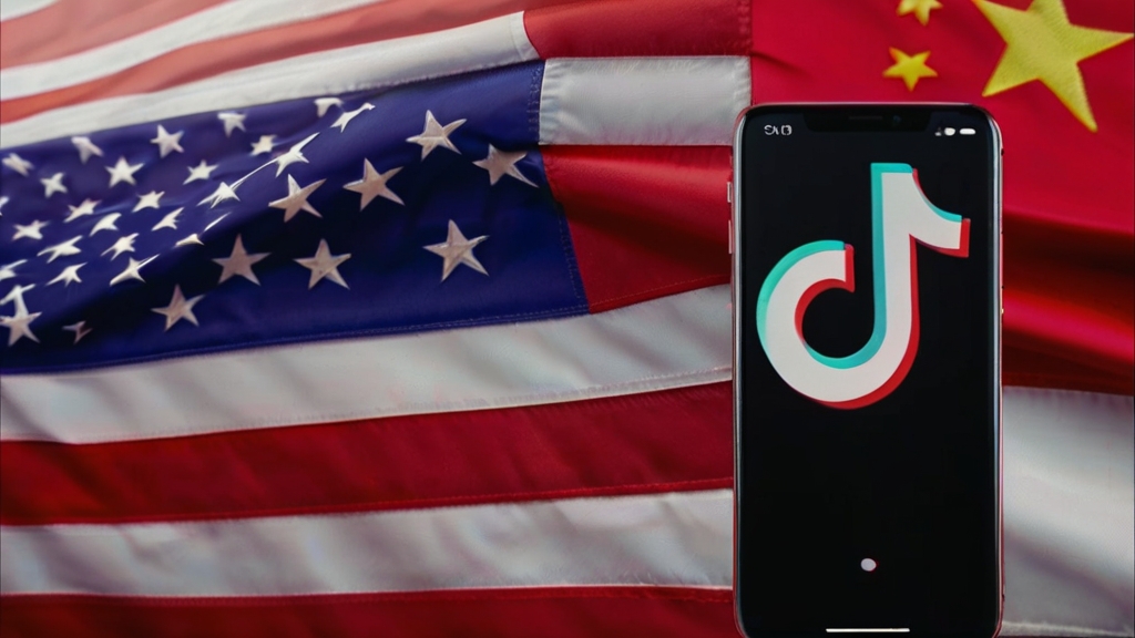 In den USA könnt ein mögliches TikTok Verbot kurz bevorstehen. Auf dem Foto sieht man im Vordergrund ein Handy, auf dessen Bildschirm das TikTok Logo zu sehen ist. Im Hintergrund sieht man die chinesische und die amerikanische Flagge.