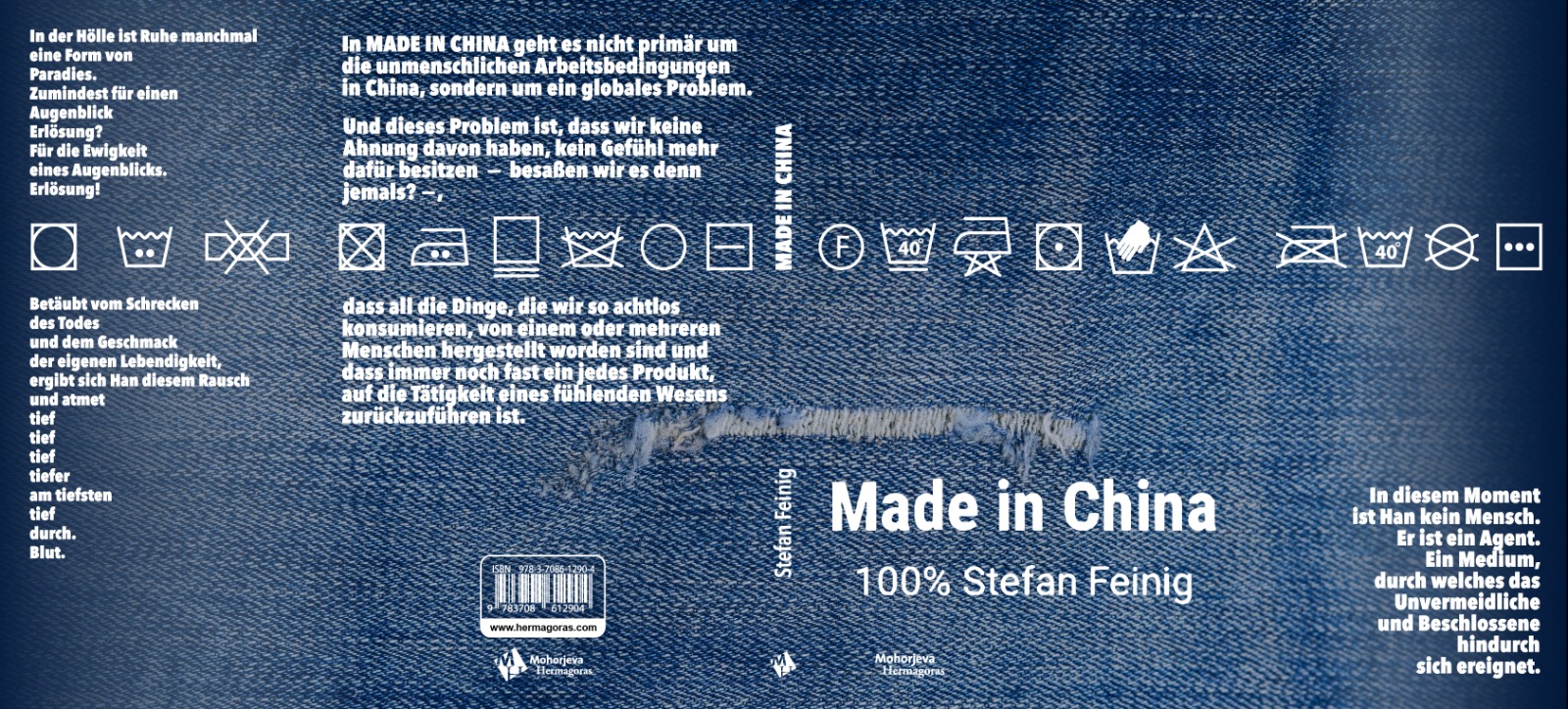 Das Foto zeigt das Cover von Stefan Feinigs neuem Buch „MADE IN CHINA“. Das Cover ist dabei in einer Jeans Optik gestaltet.