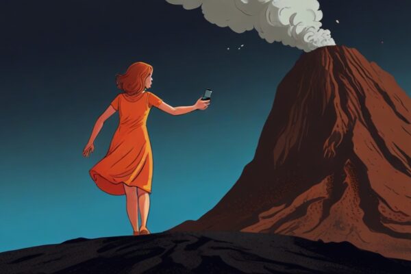 Symbolbild „Sturz in Vulkankrater“: Auf dem Foto sieht man im Comicstil eine Frau, die Fuße eines Vulkans in einem orangefarbenen Kleid dasteht und ein Foto schießt. Sie steht mir dem Rücken zum Betrachter.