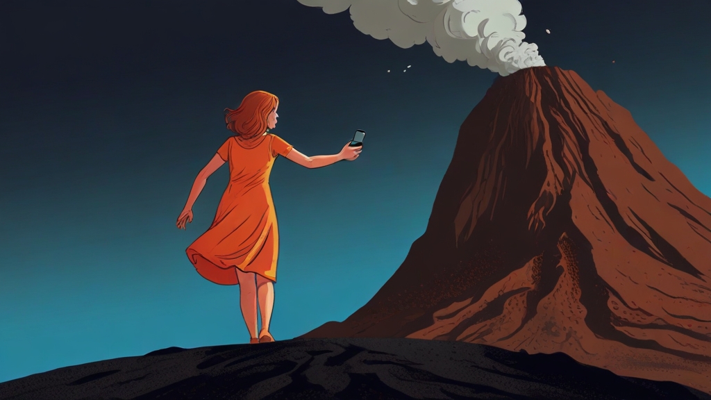 Symbolbild „Sturz in Vulkankrater“: Auf dem Foto sieht man im Comicstil eine Frau, die Fuße eines Vulkans in einem orangefarbenen Kleid dasteht und ein Foto schießt. Sie steht mir dem Rücken zum Betrachter.