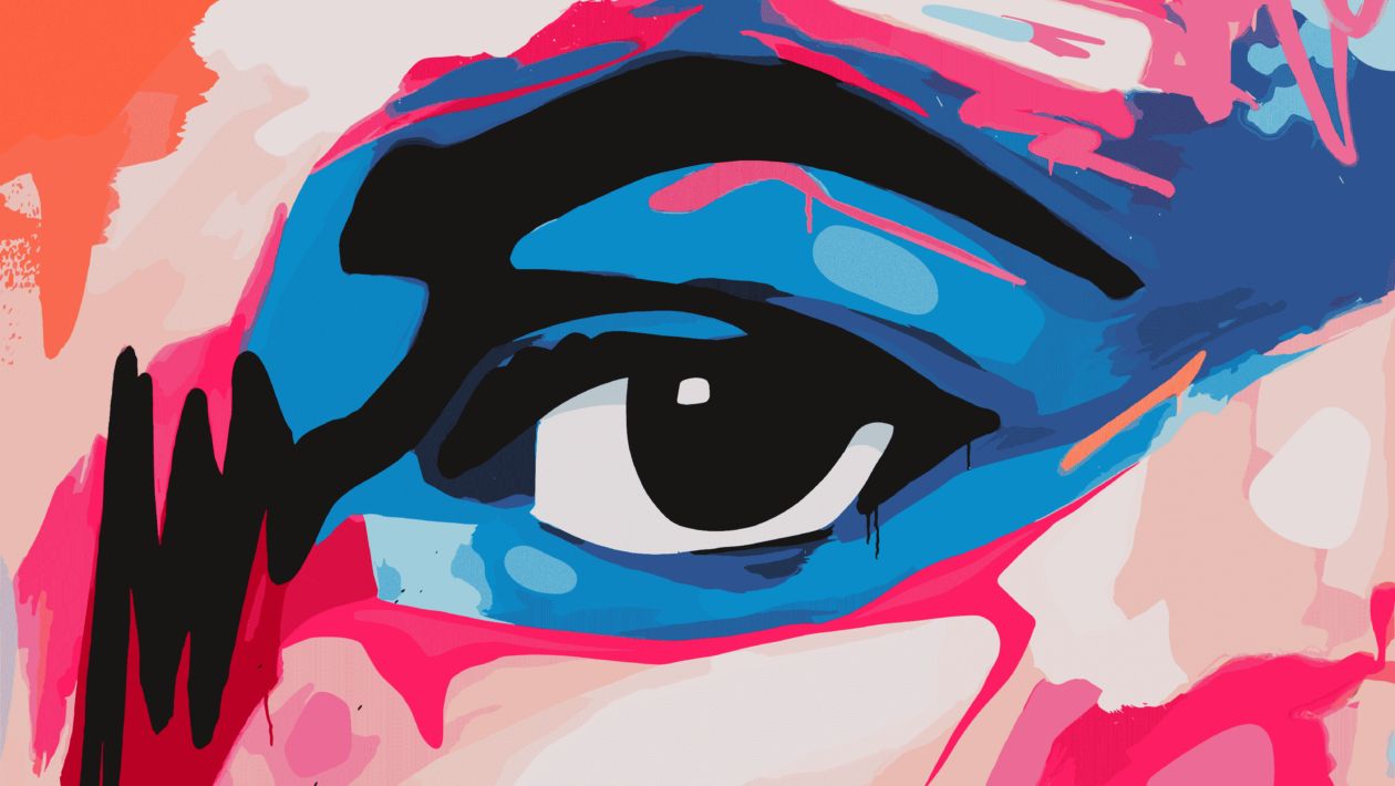 Auf dem Foto sieht man das Cover Bild zum Song „Dreamer“ von dem Hip-Hop Künstler AYE-sight. Das Bild wurde von Luis Morales gemalt. Auf dem Bild sieht man ein menschliches Auge, dass den Betrachter direkt anstarrt. Das Auge ist in der Nahaufnahme aufgenommen. Und mit Blautönen gestaltet die von verschiedenen Rosa und Orang Tönen umgeben sind.