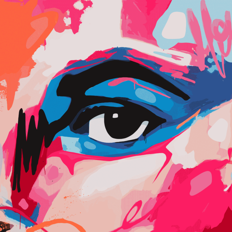 Auf dem Foto sieht man das Cover Bild zum Song „Dreamer“ von dem Hip-Hop Künstler AYE-sight. Das Bild wurde von Luis Morales gemalt. Auf dem Bild sieht man ein menschliches Auge, dass den Betrachter direkt anstarrt. Das Auge ist in der Nahaufnahme aufgenommen. Und mit Blautönen gestaltet die von verschiedenen Rosa und Orang Tönen umgeben sind.