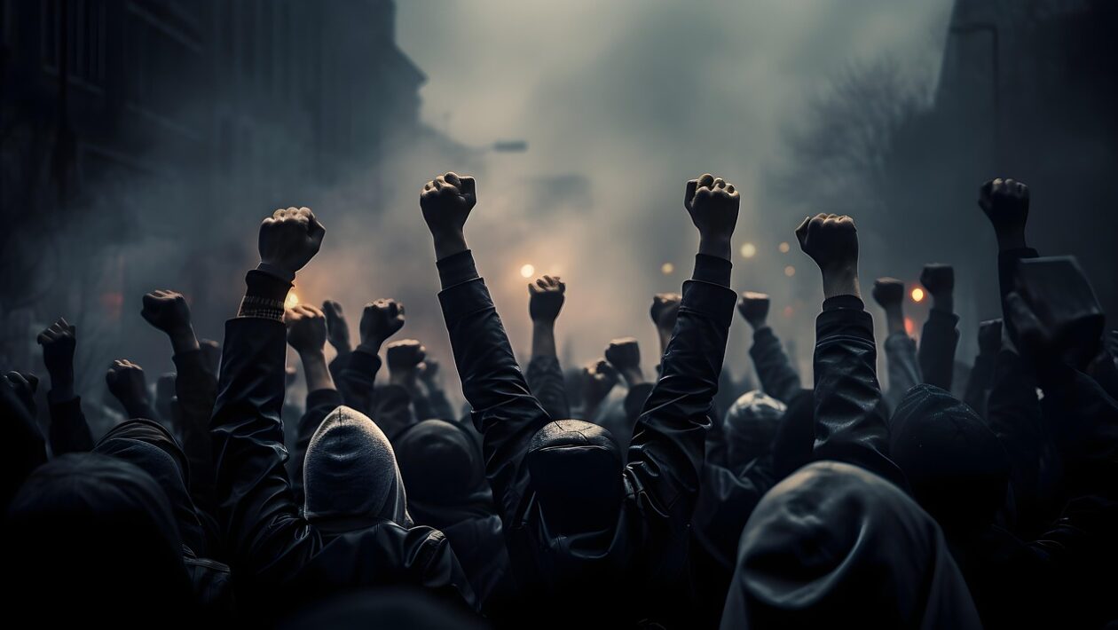 Symbolbild Proud Boys bei Angriff auf die Kirche. Das Bild zeigt vermummte die ihre Hände zu Fäusten geballt in die Luft stecken.