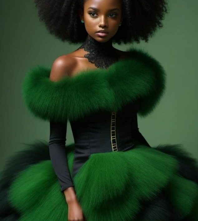 Auf dem Foto sieht man ein KI-Modell, das ein grünes Kleid mit ausladenden Formen trägt. Das Kleid ist grün. Das Model steht symbolisch für die Modetrends 2025.