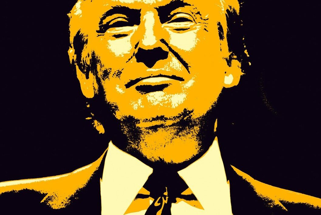 Trump-Gaza-Video. Das Foto zeigt eine Illustration des US-Präsidenten Donald Trump in gelb und Schwarztönen gehalten.