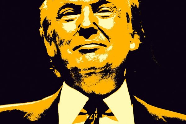 Trump-Gaza-Video. Das Foto zeigt eine Illustration des US-Präsidenten Donald Trump in gelb und Schwarztönen gehalten.
