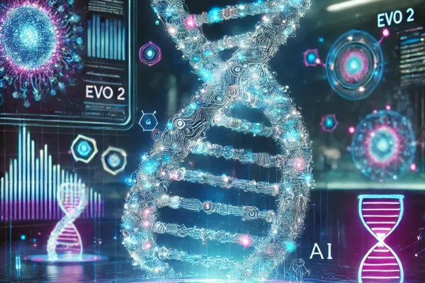 Evo 2: Das Foto zeigt ein symbolisches Bild für eine KI, die DNA bearbeiten kann. Man sieht dabei einen Teil, aus dem ein DNA-Strang entspringen.