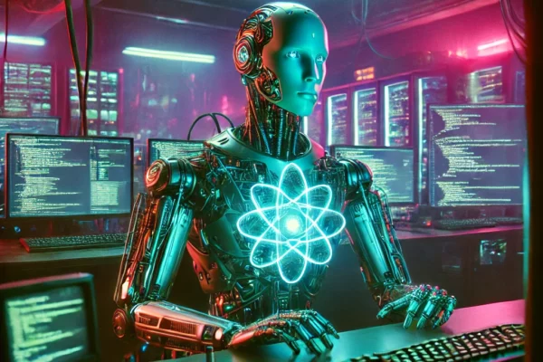 Das Foto zeigt eine KI, die in einem Programmierlabor arbeitet. Das Foto steht symbolisch für die Software-KI Softgen.
