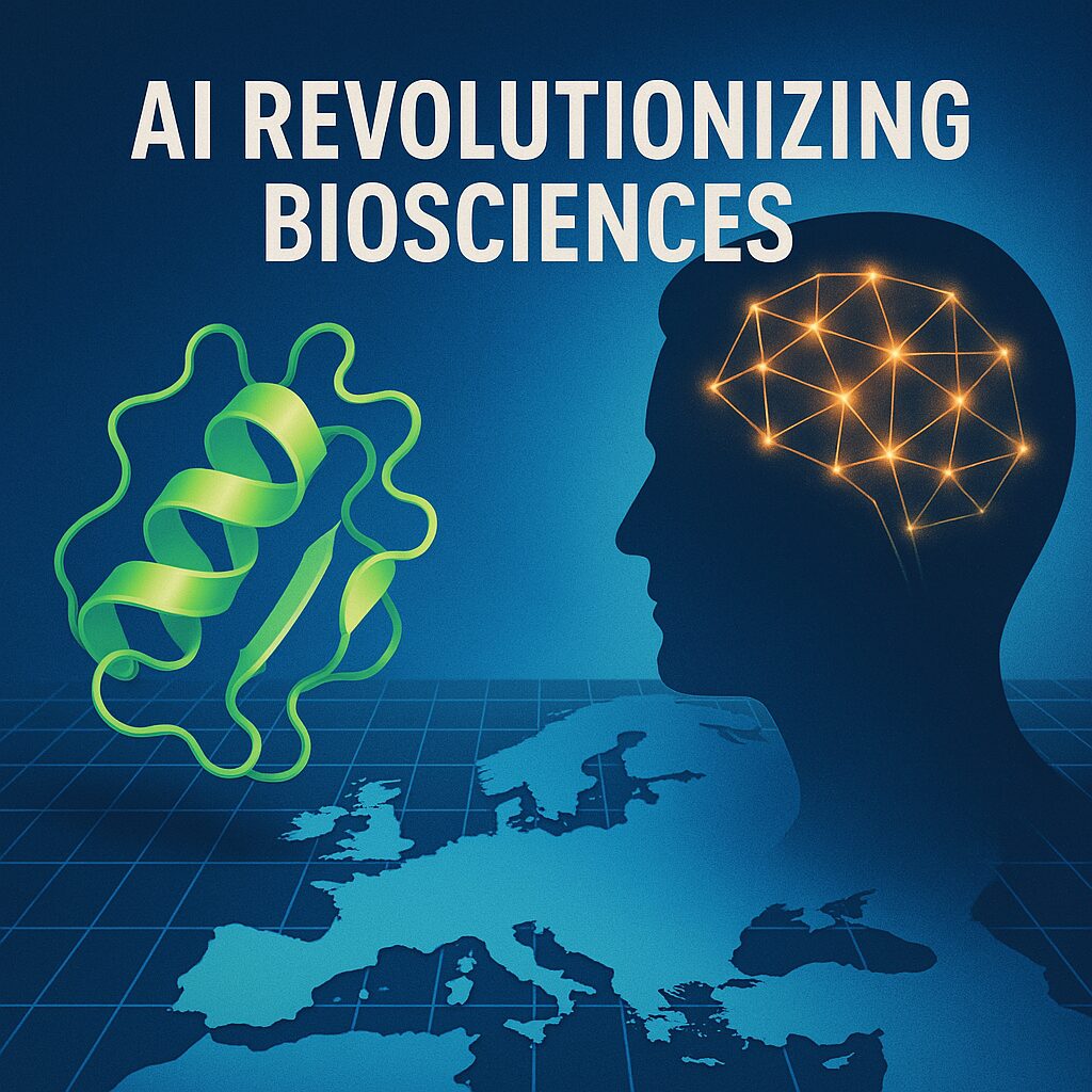 Das Bild visualisiert den tiefgreifenden Einfluss künstlicher Intelligenz auf die Biowissenschaften – mit einem klaren Fokus auf das KI-Modell ESM3. Links ist eine leuchtend grüne, stilisierte Proteinstruktur zu sehen, die symbolisch für neuartige, von KI designte Proteine steht. Rechts ist das Profil eines menschlichen Kopfes dargestellt, in dessen Gehirnregion ein neuronales Netzwerk aus leuchtenden Verbindungslinien aufscheint – eine grafische Metapher für künstliche Intelligenz und maschinelles Lernen. Im unteren Bildbereich ist eine abstrahierte Karte Europas angedeutet, was auf den globalen, aber auch europäischen Kontext der Forschung verweist. Der Slogan „AI Revolutionizing Biosciences“ über dem Motiv bringt die zentrale Aussage auf den Punkt: Modelle wie ESM3 eröffnen neue Wege in der biologischen Forschung, indem sie die Prinzipien der Evolution digital simulieren und völlig neue Proteinstrukturen generieren – jenseits der Grenzen der Natur. Die Bildkomposition unterstreicht, wie ESM3 das menschliche Wissen mit algorithmischer Kreativität verbindet – ein Blick in die Zukunft der Biotechnologie.