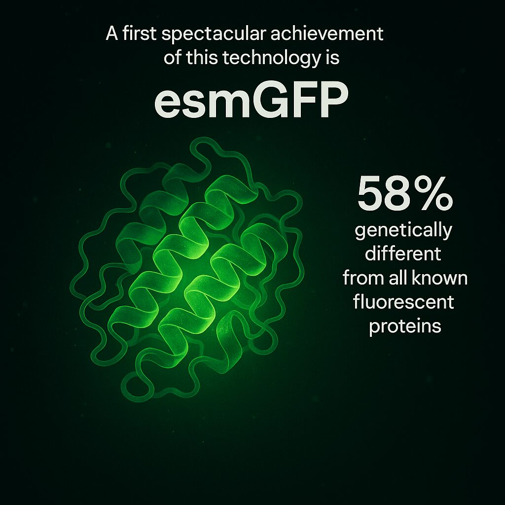 Das Bild zeigt eine leuchtend grüne, stilisierte Proteinstruktur vor dunklem Hintergrund – eine visuelle Darstellung des künstlich entwickelten Proteins esmGFP. Im Zentrum steht das komplex gefaltete Molekül, das durch seine strahlende Fluoreszenz ins Auge fällt. Diese leuchtende Erscheinung ist nicht nur ästhetisch eindrucksvoll, sondern verweist auf die biologische Funktion fluoreszierender Proteine, die häufig als Marker in der Forschung eingesetzt werden. Die begleitenden Textelemente heben den revolutionären Charakter dieses wissenschaftlichen Durchbruchs hervor: esmGFP ist das erste spektakuläre Ergebnis einer neuen Technologie zur KI-gestützten Proteindesign. Besonders bemerkenswert ist die Angabe, dass das Protein zu 58 % genetisch verschieden von allen bisher bekannten fluoreszierenden Proteinen ist – ein eindrucksvoller Beleg für die Fähigkeit künstlicher Intelligenz, biologische Strukturen jenseits natürlicher Evolution zu erschaffen. Das minimalistische, futuristische Design des Bildes – dominiert von dunklen Grüntönen und fluoreszierendem Licht – unterstreicht den wissenschaftlich-technologischen Charakter dieser Innovation und setzt den Fokus ganz bewusst auf das neuartige Protein. Es vermittelt damit die Botschaft: Die Zukunft der Biotechnologie beginnt jetzt – mit Molekülen, die die Natur selbst nie hervorgebracht hätte.