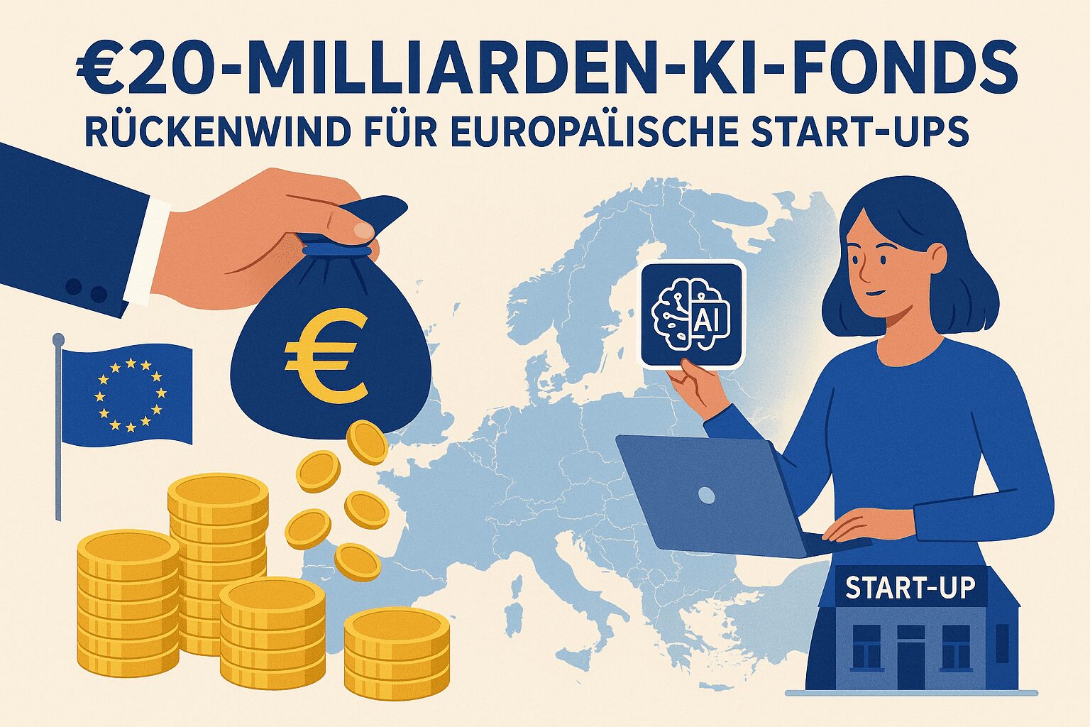 InvestAI: €20-Milliarden-KI-Fonds – Rückenwind für europäische Start-ups Das Bild illustriert eine finanzielle Förderung für KI-Start-ups in Europa. Zentral ist ein großer Geldsack mit Euro-Symbol, aus dem goldene Münzen fallen – ein Symbol für Investitionen. Eine Hand überreicht den Sack, was auf staatliche oder institutionelle Unterstützung hinweist. Daneben sind gestapelte Münzen zu sehen, die das Ausmaß der finanziellen Mittel verdeutlichen. Links unten weht die Flagge der Europäischen Union. Rechts arbeitet eine junge Frau an einem Laptop, über ihrem Kopf schwebt ein Icon mit einem stilisierten Gehirn und der Aufschrift „AI“. Ihr Arbeitsplatz ist ein Gebäude mit der Aufschrift „Start-up“, das sinnbildlich für junge KI-Unternehmen steht. Im Hintergrund ist eine stilisierte Karte Europas zu erkennen – der regionale Bezug zur EU wird so nochmals visuell verankert. Die Bildsprache vermittelt deutlich, dass es um massive Investitionen in den europäischen Innovationsstandort geht.