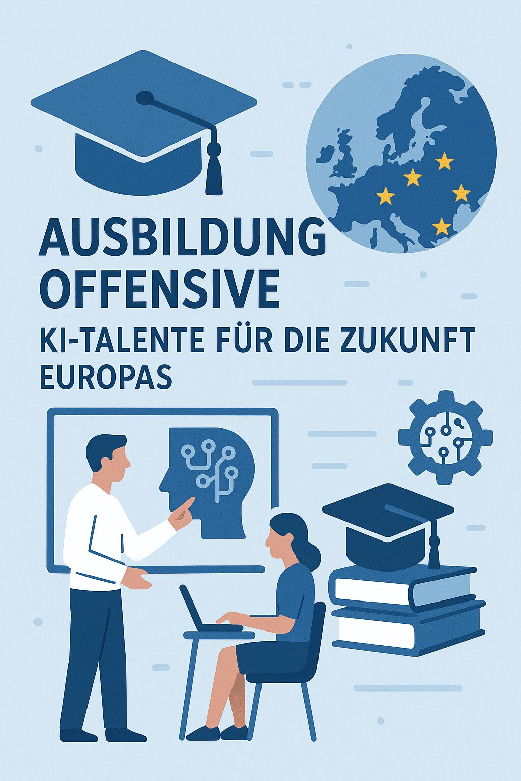 Ausbildungsoffensive – KI-Talente für die Zukunft Europas Diese Illustration hebt die Bedeutung von Bildung und Fachkräfteentwicklung im KI-Bereich hervor. Im Mittelpunkt steht eine Szene im Klassenzimmer: Ein Lehrender zeigt auf ein Symbol eines digitalen Gehirns, das auf einem Bildschirm erscheint, während eine lernende Person an einem Laptop sitzt – das Zusammenspiel von Theorie und Praxis. Im Hintergrund sind Bildungssymbole wie ein Doktorhut und Bücher gestapelt, die für akademisches Wissen stehen. Auch hier ist Europa durch eine Karte mit EU-Sternen eingebunden. Zahnräder symbolisieren sowohl technisches Verständnis als auch Fortschritt. Die Farbgebung und Gestaltung betonen eine moderne, digitale Lernumgebung. Das Bild steht für Europas Bestreben, eigene KI-Talente auszubilden und die technologische Zukunft durch Bildung zu sichern.