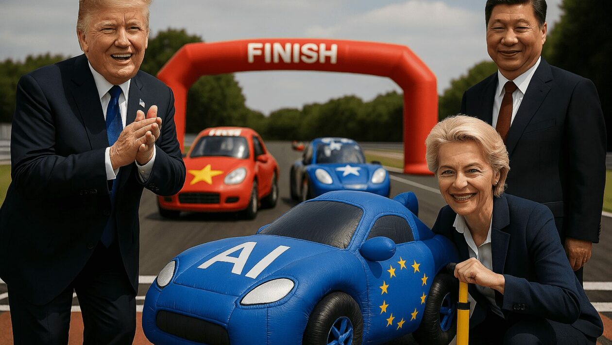 Das Bild inszeniert ein symbolisches Wettrennen um die technologische Vorherrschaft im Bereich Künstliche Intelligenz (KI) zwischen den führenden globalen Akteuren: den USA, China und der Europäischen Union. Im Vordergrund steht ein blaues Spielzeugauto mit der Aufschrift „AI“ und den gelben Sternen der EU-Flagge – es wirkt im Vergleich zu den anderen Fahrzeugen kleiner und weniger leistungsstark. Die EU wird hier durch eine lächelnde Frau im Anzug verkörpert, die das Auto an der Startlinie positioniert, mit entschlossenem, aber etwas verspätetem Auftreten. Hinter ihr stehen zwei weitere Personen, die erkennbar für China und die USA stehen. Links lacht ein Mann im Anzug (Symbol für die USA) und klatscht, während im Hintergrund ein rotes Auto mit gelbem Stern (China) und ein blaues Auto mit weißem Stern (USA) bereits Fahrt aufgenommen haben und sich der Ziellinie nähern. Über der Strecke spannt sich ein roter Zielbogen mit der Aufschrift „FINISH“, was das Rennen visuell abschließt. Die Szene ist deutlich allegorisch: Die Autos stehen für den Stand der KI-Entwicklung in den jeweiligen Regionen, wobei die EU symbolisch mit Verzögerung ins Rennen startet. Ausdrucksstark vermittelt das Bild die geopolitische Dynamik im Bereich künstlicher Intelligenz – mit einem Augenzwinkern, aber auch mit einem kritischen Unterton hinsichtlich Europas Wettbewerbsfähigkeit.