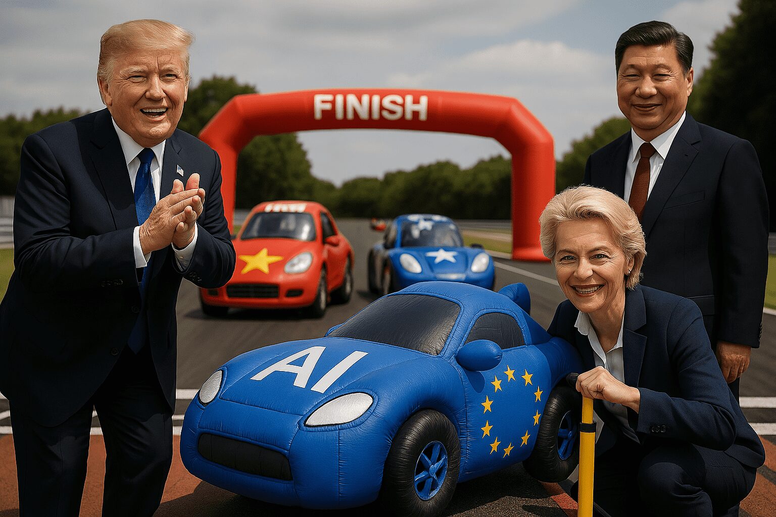 Das Bild inszeniert ein symbolisches Wettrennen um die technologische Vorherrschaft im Bereich Künstliche Intelligenz (KI) zwischen den führenden globalen Akteuren: den USA, China und der Europäischen Union. Im Vordergrund steht ein blaues Spielzeugauto mit der Aufschrift „AI“ und den gelben Sternen der EU-Flagge – es wirkt im Vergleich zu den anderen Fahrzeugen kleiner und weniger leistungsstark. Die EU wird hier durch eine lächelnde Frau im Anzug verkörpert, die das Auto an der Startlinie positioniert, mit entschlossenem, aber etwas verspätetem Auftreten. Hinter ihr stehen zwei weitere Personen, die erkennbar für China und die USA stehen. Links lacht ein Mann im Anzug (Symbol für die USA) und klatscht, während im Hintergrund ein rotes Auto mit gelbem Stern (China) und ein blaues Auto mit weißem Stern (USA) bereits Fahrt aufgenommen haben und sich der Ziellinie nähern. Über der Strecke spannt sich ein roter Zielbogen mit der Aufschrift „FINISH“, was das Rennen visuell abschließt. Die Szene ist deutlich allegorisch: Die Autos stehen für den Stand der KI-Entwicklung in den jeweiligen Regionen, wobei die EU symbolisch mit Verzögerung ins Rennen startet. Ausdrucksstark vermittelt das Bild die geopolitische Dynamik im Bereich künstlicher Intelligenz – mit einem Augenzwinkern, aber auch mit einem kritischen Unterton hinsichtlich Europas Wettbewerbsfähigkeit.