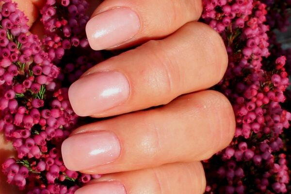 Das Beitragsfoto zeigt eine gepflegte Hand mit elegant lackierten Fingernägeln in zartem Rosé-Ton mit leichtem Schimmer. Die Nägel sind gleichmäßig gefeilt und wirken natürlich und stilvoll. Umgeben ist die Hand von leuchtend pink-violetten Blüten der Erika-Pflanze, was dem Bild eine frische, feminine und hochwertige Ästhetik verleiht – perfekt passend für ein Nagelstudio-Feature.