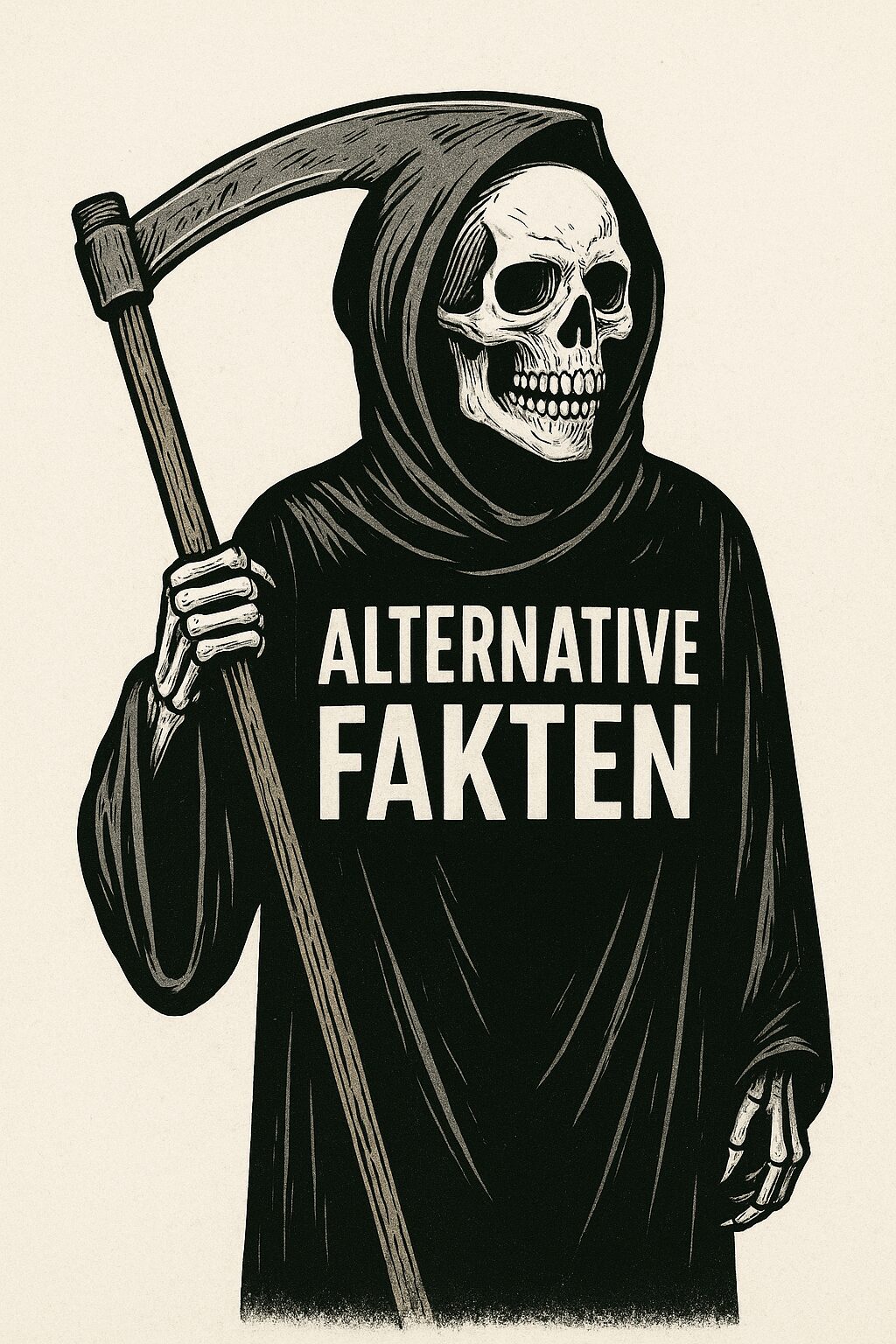 Die Illustration zeigt den Tod in klassischer Darstellung als Skelettgestalt mit schwarzem Kapuzenumhang. Auf seiner Brust prangt in großen, weißen Lettern der Schriftzug „ALTERNATIVE FAKTEN“. In der rechten Hand hält er eine Sense, das Symbol seiner Funktion als Schnitter des Lebens. Die Darstellung ist im Stil einer politischen Karikatur gehalten, mit kräftigen Schwarz-Weiß-Kontrasten, satten Linien und einer absichtlich überzeichneten Gestik. Das Skelett blickt mit leerem Grinsen zur Seite, während der Umhang schwer und faltig über seinen knochigen Körper fällt. Der Hintergrund ist neutral gehalten, was den Fokus noch stärker auf die Botschaft auf dem Gewand lenkt. Die Figur wirkt bedrohlich und gleichzeitig grotesk – eine düstere Allegorie auf die tödliche Wirkung „alternativer Wahrheiten“ in der politischen Kommunikation.