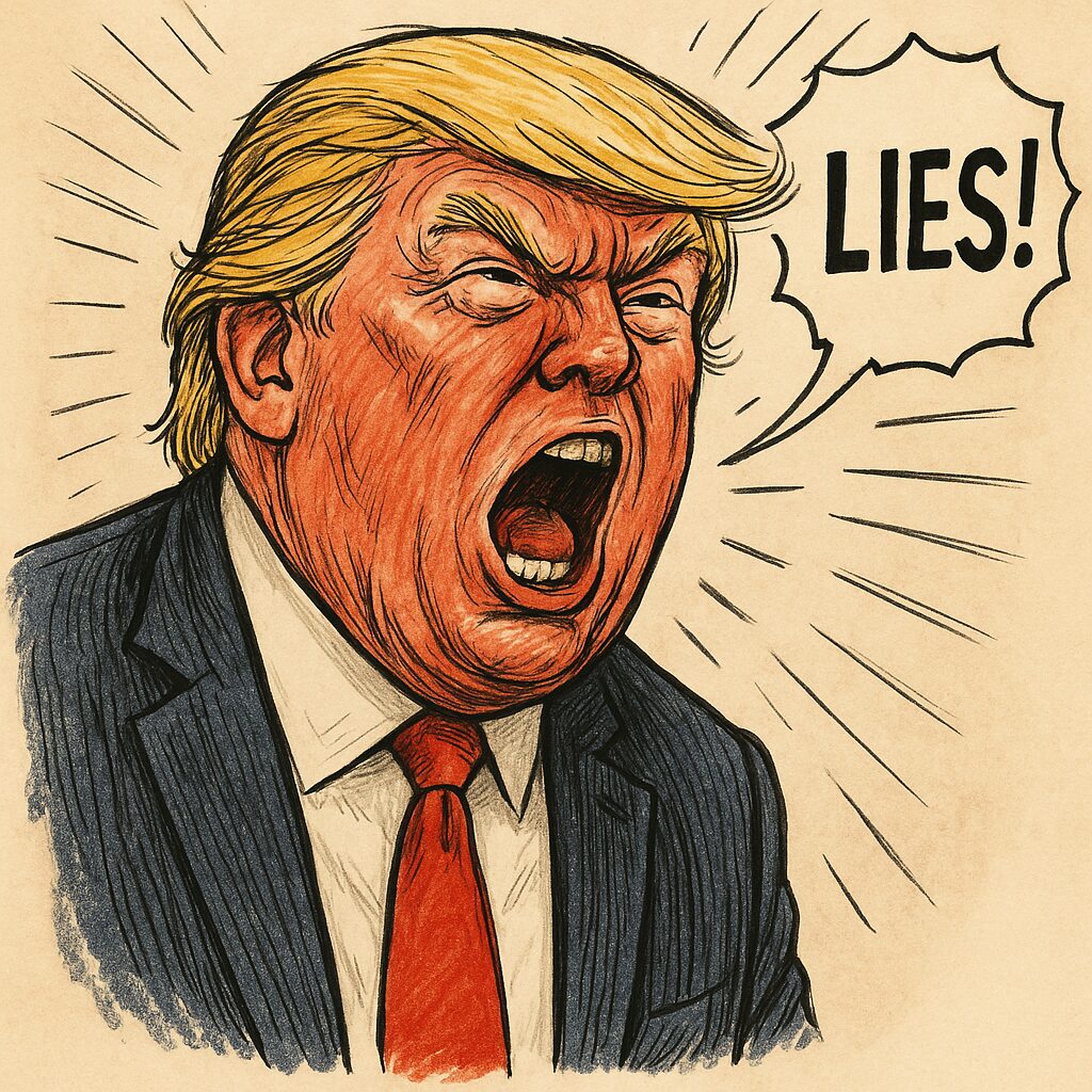 ie Illustration zeigt eine satirisch überzeichnete Figur von Donald Trump im Stil einer politischen Karikatur. Mit weit aufgerissenem Mund brüllt er das Wort „LIES!“ (zu Deutsch: „LÜGEN!“) in die Welt hinaus. Seine Gesichtszüge sind grotesk verzerrt, die Haut wütend gerötet, die Augen zusammengekniffen. Die typische orangefarbene Tolle und der rote Schlips sind prominent dargestellt. Strahlenlinien rund um seinen Kopf und das Sprachfeld verstärken die visuelle Dramatik seines Aufschreis. Die Farbgebung lehnt sich an den Look klassischer Zeitungsgrafiken an, mit starkem Kontrast und einer sepiafarbenen Grundstimmung. Das Bild ist eine schonungslose Parodie auf Trumps rhetorische Aggression und seine mediale Dauerpräsenz.
