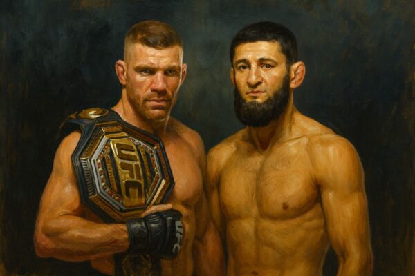 Das digital gemalte Bild zeigt zwei muskulöse UFC-Kämpfer in einer klassischen Porträtpose. Links steht der amtierende Champion mit entschlossenem Blick und dem UFC-Gürtel auf der Schulter, seine Körperhaltung strahlt Selbstvertrauen und Dominanz aus. Rechts von ihm befindet sich Chimaev, mit ernstem Gesichtsausdruck und markanter Statur. Sein charakteristischer Bart und seine fokussierte Ausstrahlung heben ihn hervor. Der Hintergrund ist in dunklen, texturierten Farbtönen gehalten, was die beiden Kämpfer dramatisch in Szene setzt und den Fokus auf ihre intensive Präsenz lenkt.