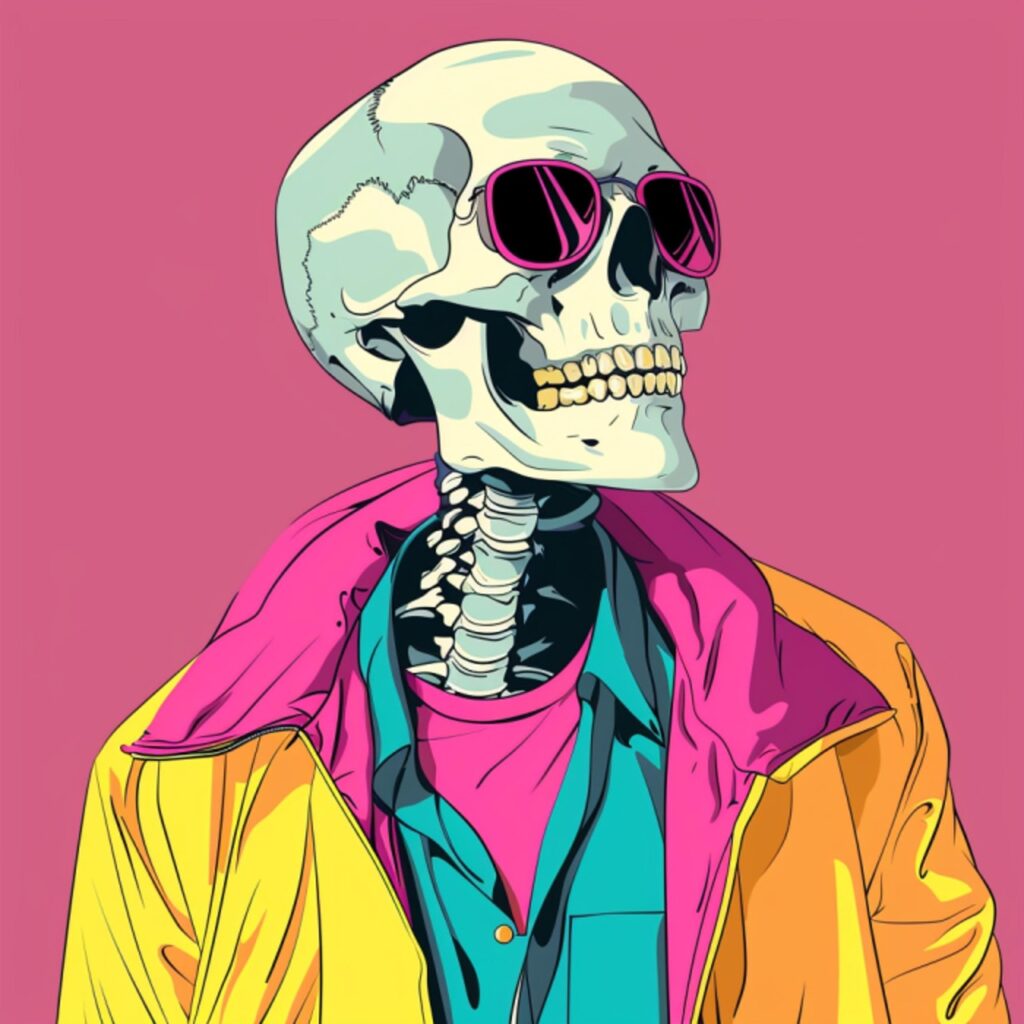 Ein stilisierter, popartartiger Totenkopf trägt eine Sonnenbrille und ist bunt gekleidet – mit einem türkisfarbenen Hemd, pinkem Shirt und einer leuchtend gelben Jacke. Vor einem pinken Hintergrund wirkt die Szene gleichzeitig cool und surreal. Die Darstellung erinnert an den Kontrast zwischen äußerem Selbstbild und innerer Realität – ein Sinnbild für kognitive Verzerrungen, bei denen unser Gehirn Informationen verzerrt wahrnimmt und sich dabei selbst täuscht. Das Skelett symbolisiert dabei nüchtern die menschliche Natur – entblößt, aber in bunte Illusionen gekleidet.