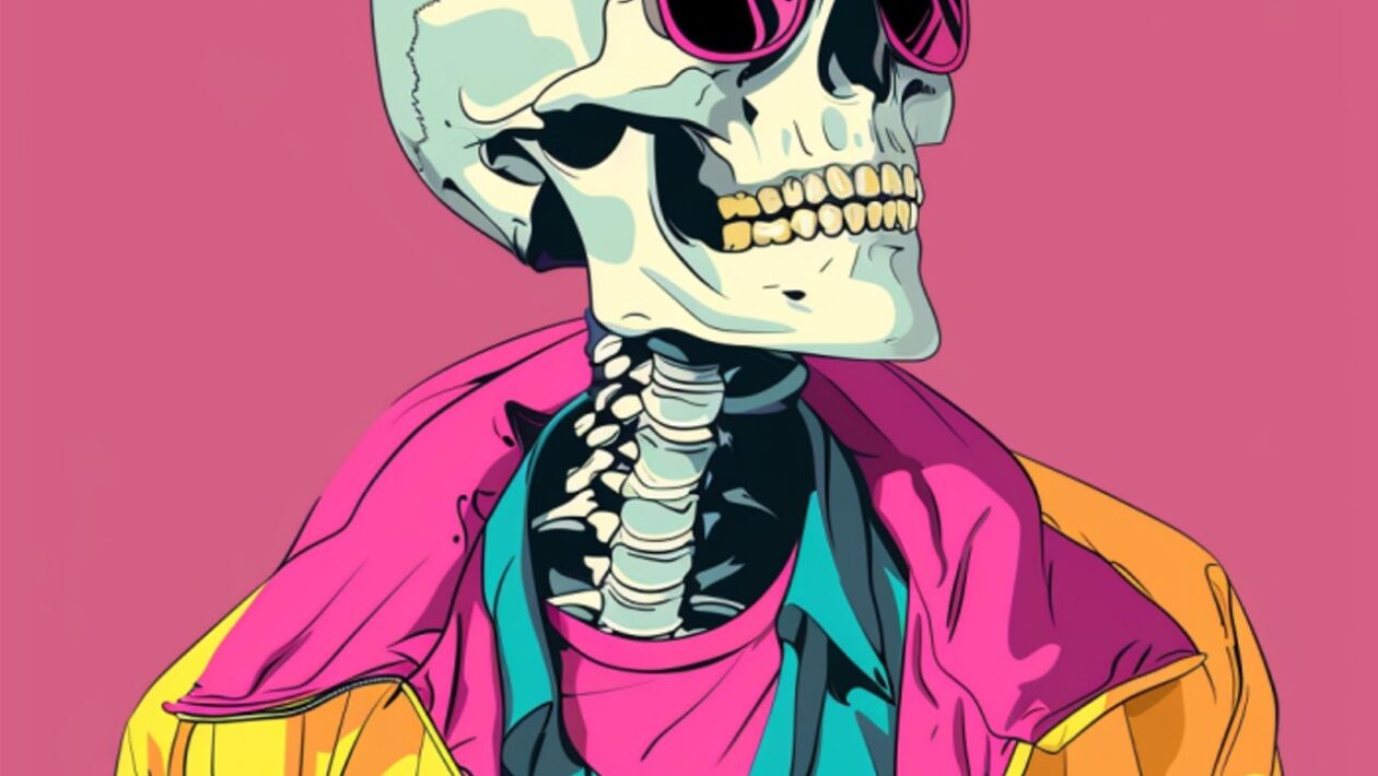 Ein stilisierter, popartartiger Totenkopf trägt eine Sonnenbrille und ist bunt gekleidet – mit einem türkisfarbenen Hemd, pinkem Shirt und einer leuchtend gelben Jacke. Vor einem pinken Hintergrund wirkt die Szene gleichzeitig cool und surreal. Die Darstellung erinnert an den Kontrast zwischen äußerem Selbstbild und innerer Realität – ein Sinnbild für kognitive Verzerrungen, bei denen unser Gehirn Informationen verzerrt wahrnimmt und sich dabei selbst täuscht. Das Skelett symbolisiert dabei nüchtern die menschliche Natur – entblößt, aber in bunte Illusionen gekleidet.