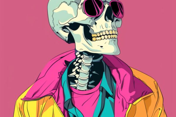 Ein stilisierter, popartartiger Totenkopf trägt eine Sonnenbrille und ist bunt gekleidet – mit einem türkisfarbenen Hemd, pinkem Shirt und einer leuchtend gelben Jacke. Vor einem pinken Hintergrund wirkt die Szene gleichzeitig cool und surreal. Die Darstellung erinnert an den Kontrast zwischen äußerem Selbstbild und innerer Realität – ein Sinnbild für kognitive Verzerrungen, bei denen unser Gehirn Informationen verzerrt wahrnimmt und sich dabei selbst täuscht. Das Skelett symbolisiert dabei nüchtern die menschliche Natur – entblößt, aber in bunte Illusionen gekleidet.