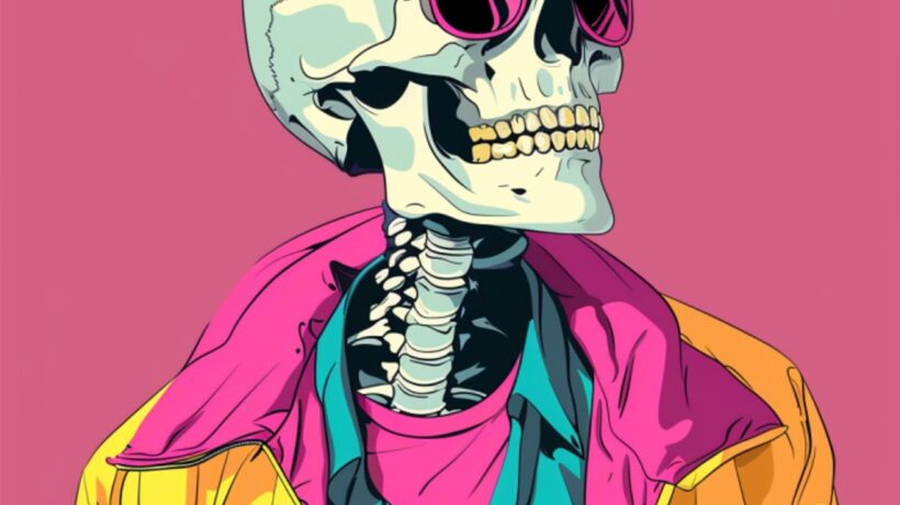 Ein stilisierter, popartartiger Totenkopf trägt eine Sonnenbrille und ist bunt gekleidet – mit einem türkisfarbenen Hemd, pinkem Shirt und einer leuchtend gelben Jacke. Vor einem pinken Hintergrund wirkt die Szene gleichzeitig cool und surreal. Die Darstellung erinnert an den Kontrast zwischen äußerem Selbstbild und innerer Realität – ein Sinnbild für kognitive Verzerrungen, bei denen unser Gehirn Informationen verzerrt wahrnimmt und sich dabei selbst täuscht. Das Skelett symbolisiert dabei nüchtern die menschliche Natur – entblößt, aber in bunte Illusionen gekleidet.