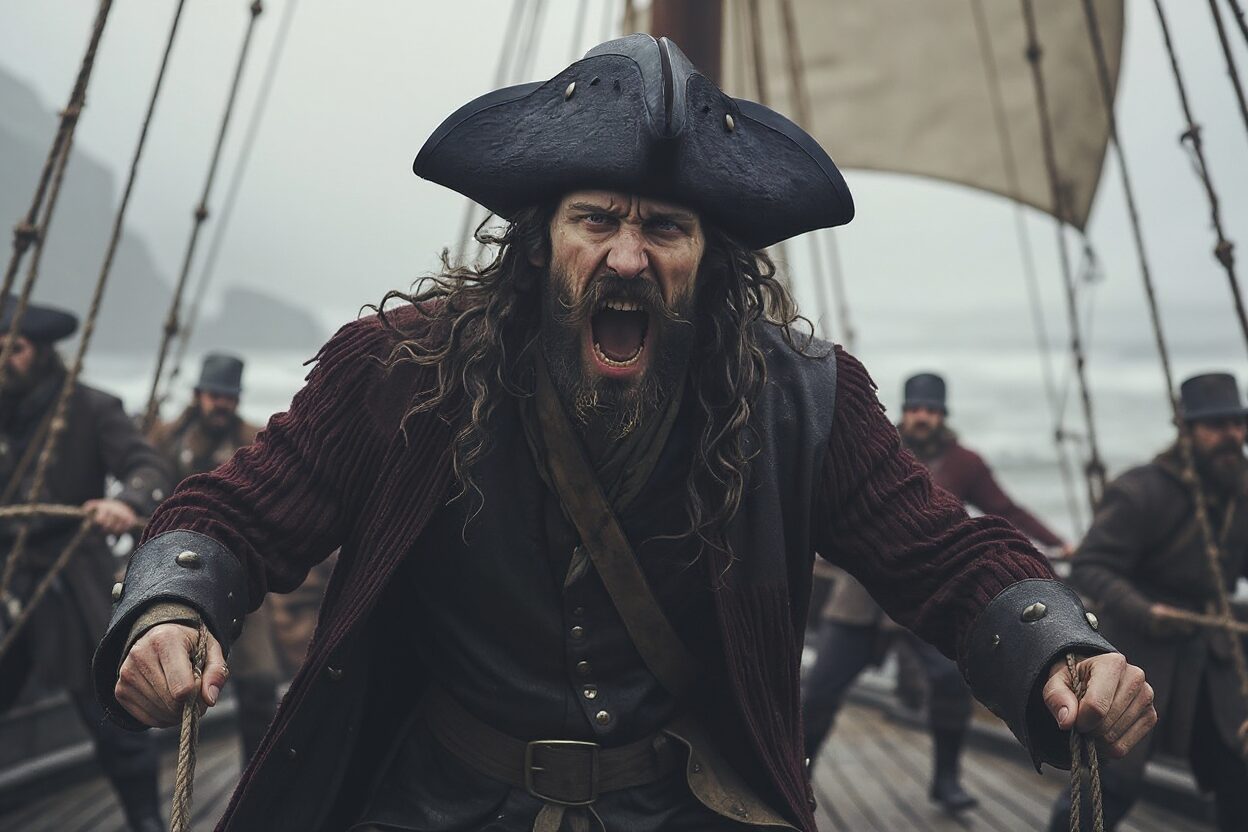 Mit der Foto-KI Nano Banana erstellt. Der brüllende Kapitän auf dem Schiff. Das vorangegangene Foto des Kapitäns wurde mittels KI in eine neue Szene gesetzt. Ein wilder Piratenkapitän schreit voller Inbrunst, während er sich energisch auf dem Deck eines alten Segelschiffes nach vorne lehnt. Mit zornigem Blick, zerzausten Haaren und einem schweren Dreispitz auf dem Kopf wirkt er wie ein Anführer mitten im Sturm. Im Hintergrund ziehen seine Männer.