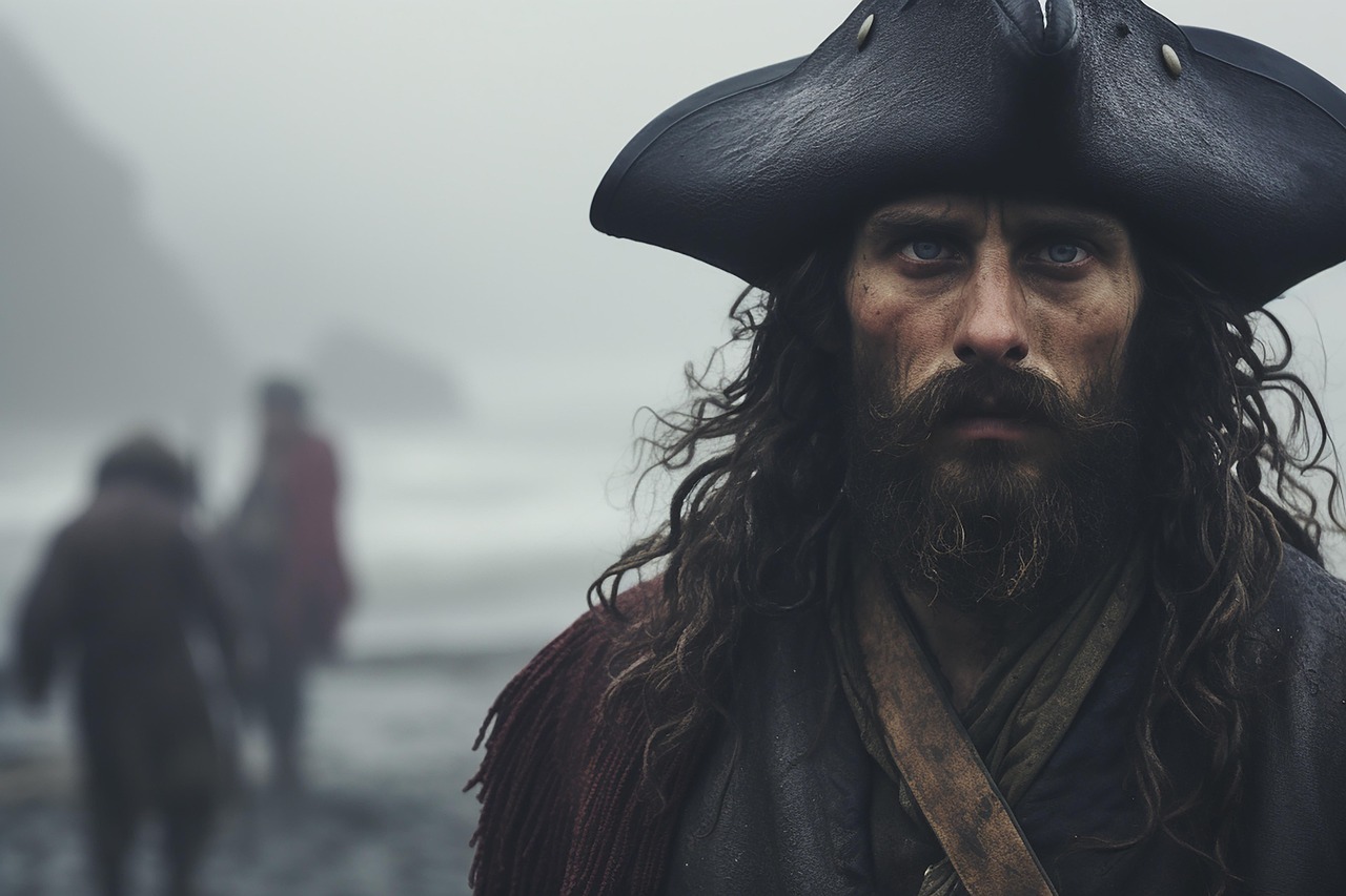 Der ernste Blick des Piraten. In dieser Nahaufnahme steht ein bärtiger Piratenkapitän am nebligen Strand, den Blick fest in die Kamera gerichtet. Seine wettergegerbte Haut, das wilde Haar und der große schwarze Dreispitz auf dem Kopf erzählen von Seeschlachten, Verrat und endlosen Tagen auf hoher See. Im unscharfen Hintergrund scheinen einige Männer auf ihn zu warten oder ihm zu folgen.