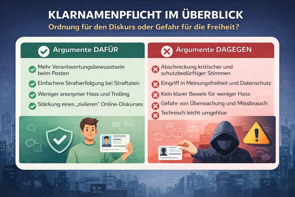 Die Grafik zeigt eine übersichtliche Gegenüberstellung der Argumente für und gegen die Klarnamenpflicht im Internet. Auf der linken Seite werden Vorteile wie mehr Verantwortungsbewusstsein, einfachere Strafverfolgung und ein zivilisierterer Online-Diskurs dargestellt. Auf der rechten Seite stehen die Risiken der Klarnamenpflicht, darunter Eingriffe in Meinungsfreiheit und Datenschutz, Abschreckung schutzbedürftiger Stimmen sowie die Gefahr von Überwachung. Die Illustration verdeutlicht die politische und gesellschaftliche Kontroverse rund um die Klarnamenpflicht in Deutschland.