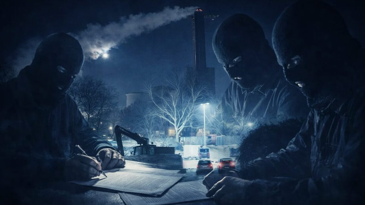 Das Bild zeigt vermummte Personen bei nächtlicher Tätigkeit vor industrieller Kulisse. Die Szene wirkt konspirativ und symbolisiert verdeckte Aktionen, wie sie im Zusammenhang mit der Vulkangruppe diskutiert werden.