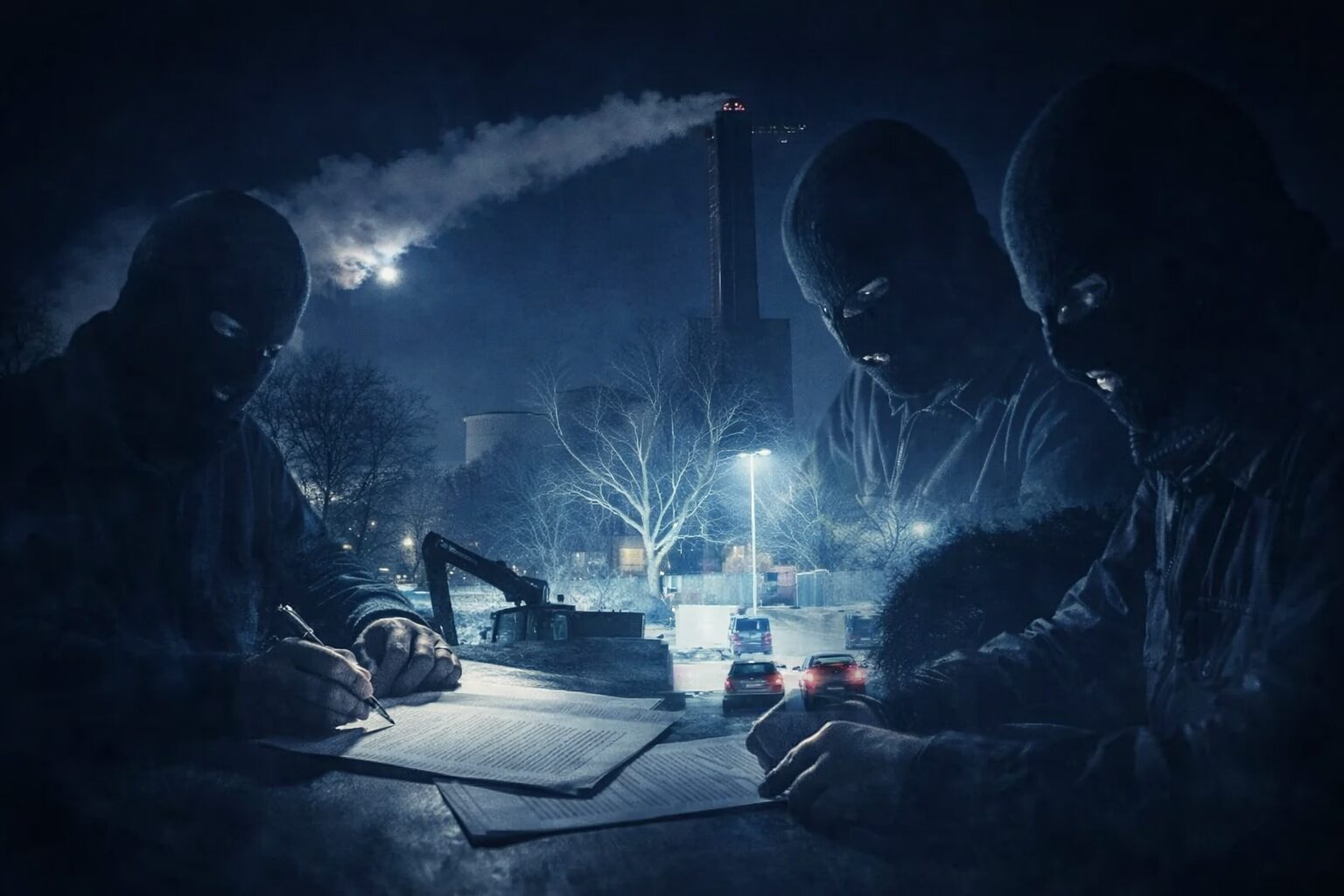 Das Bild zeigt vermummte Personen bei nächtlicher Tätigkeit vor industrieller Kulisse. Die Szene wirkt konspirativ und symbolisiert verdeckte Aktionen, wie sie im Zusammenhang mit der Vulkangruppe diskutiert werden.