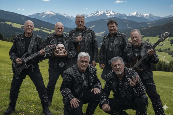 Ein KI generiertes Foto der deutschen Volksmusikband Kastelruther Spatzen, die in einem düsteren und untypisch rockigen Stil posiert, stark abweichend von ihrem üblichen volkstümlichen Image. Die Bandmitglieder tragen alle schwarze Lederjacken, T-Shirts und Hosen, die mit zahlreichen Nieten und Spikes an Schultern, Kragen und Ärmeln verziert sind, was ihnen ein hartes Heavy-Metal- oder Punk-Rock-Erscheinungsbild verleiht.