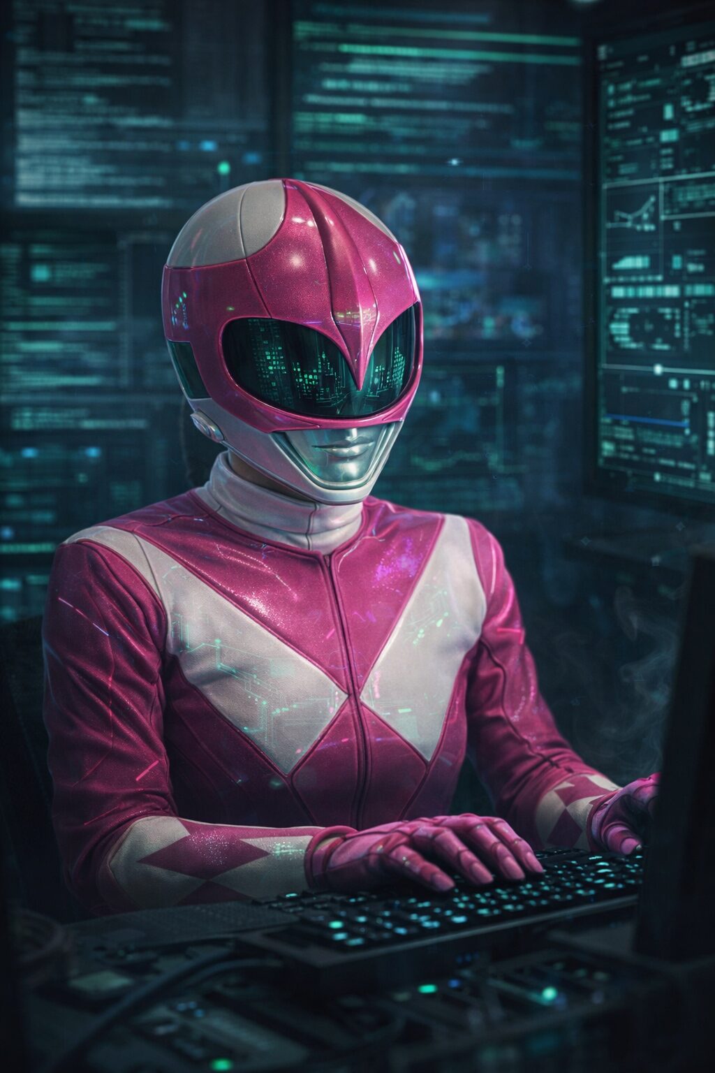 KI generiertes Foto. Das Bild zeigt eine Person im ikonischen pinkfarbenen Power-Ranger-Anzug, inszeniert als moderne Hackerfigur in einem dunklen, technisch aufgeladenen Umfeld. Vor mehreren Monitoren mit grün-blauen Codezeilen und Netzwerkschemata sitzt die Figur - Martha Root - konzentriert an einer Tastatur.