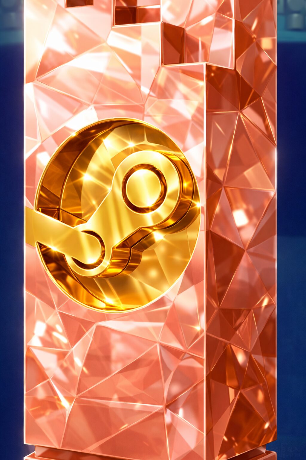 Das Bild zeigt eine hochglänzende, kristallartige Trophäe in einer warmen Kupfer-Rosé-Optik mit facettierten, geometrischen Oberflächen. In der Mitte der Säule befindet sich ein edel glänzendes, goldenes Emblem, das wie ein eingelassenes Metallsiegel wirkt und stark reflektiert. Die Lichtführung betont die scharfen Kanten und verleiht dem Objekt eine luxuriöse, fast futuristische Anmutung. Der kühle, dunkelblaue Hintergrund sorgt für starken Kontrast und rückt die Trophäe klar in den Fokus. Insgesamt vermittelt das Bild Prestige, Wertigkeit und digitale Eleganz und steht sinnbildlich für die Auszeichnungen der Steam Awards 2025.