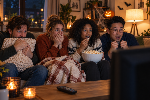 Vier Freunde schauen gespannt einen Horrorfilm auf dem Sofa. Im Hintergrund sorgen Halloween-Dekorationen und ein leuchtender Kürbis für Gruselstimmung.