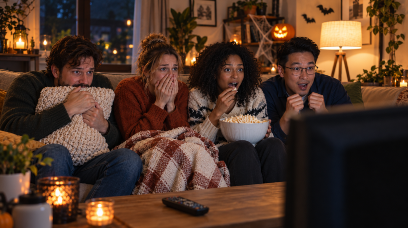 Vier Freunde schauen gespannt einen Horrorfilm auf dem Sofa. Im Hintergrund sorgen Halloween-Dekorationen und ein leuchtender Kürbis für Gruselstimmung.